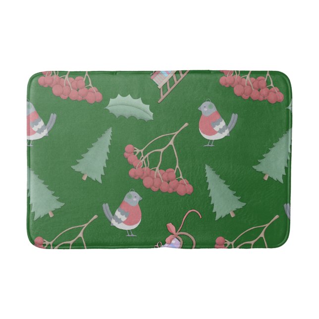 Christmas Birds and Sleds Green Bathroom Mat (Front)