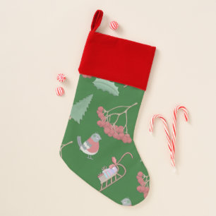 Christmas Birds and Sleds Green Stocking