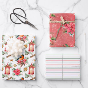 Christmas Birds, Cookies, Poinsettias and Stripes Wrapping Paper Sheets