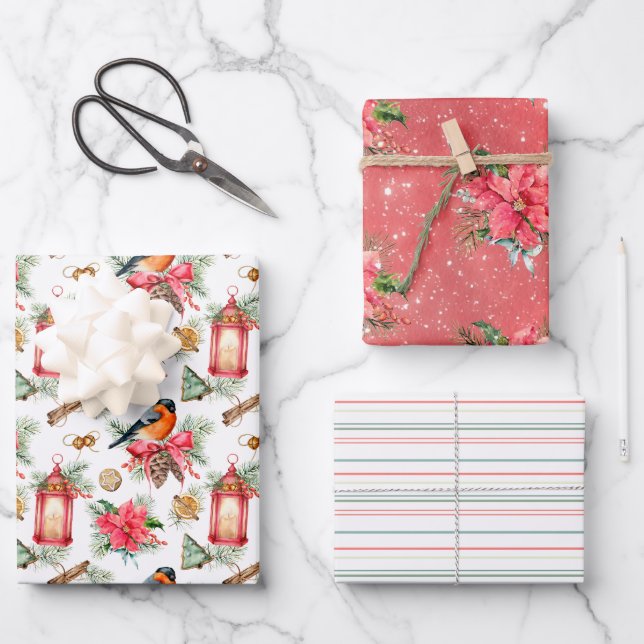 Christmas Birds, Cookies, Poinsettias and Stripes Wrapping Paper Sheets (Front)