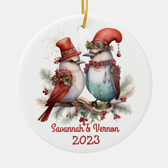 Christmas Birds Couple Ceramic Ornament (Front)