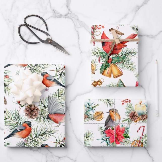 Christmas Birds Greenery Wrapping Paper Sheets (Front)