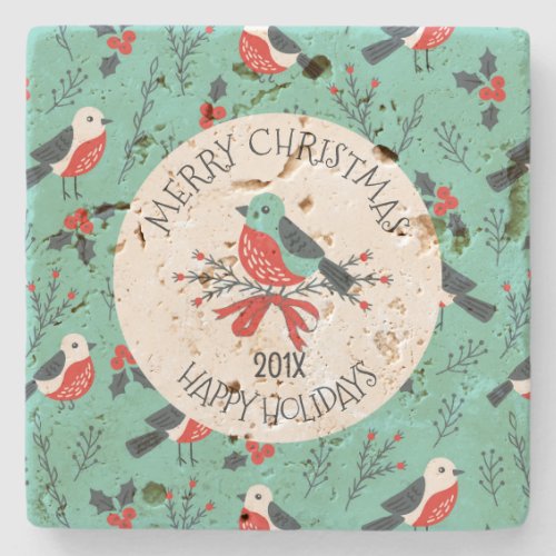 Christmas Birds Pattern Customizable Template Stone Coaster