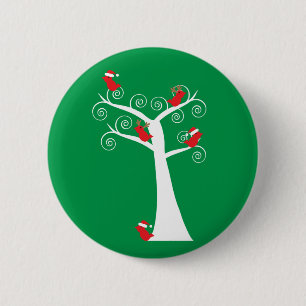 Christmas Birds Red in a Tree Santa Reindeer Green Button