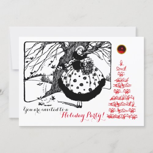 CHRISTMAS BIRDS TREE AND LADY Black White Red Invitation