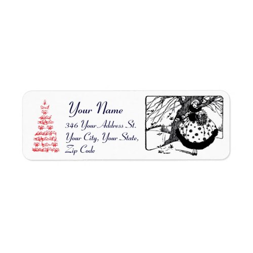 CHRISTMAS BIRDS TREE AND LADY Black White Red Label