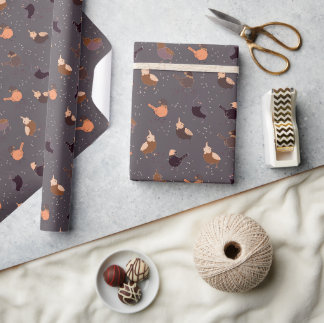 Christmas birds with hats, stars, berries on grey wrapping paper