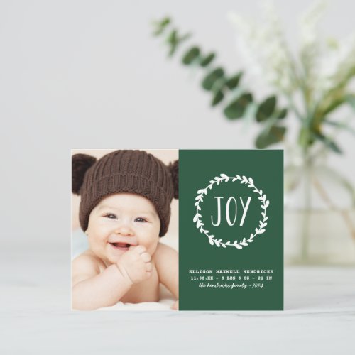 Christmas Birth Announcement Green Holiday Photo Postcard