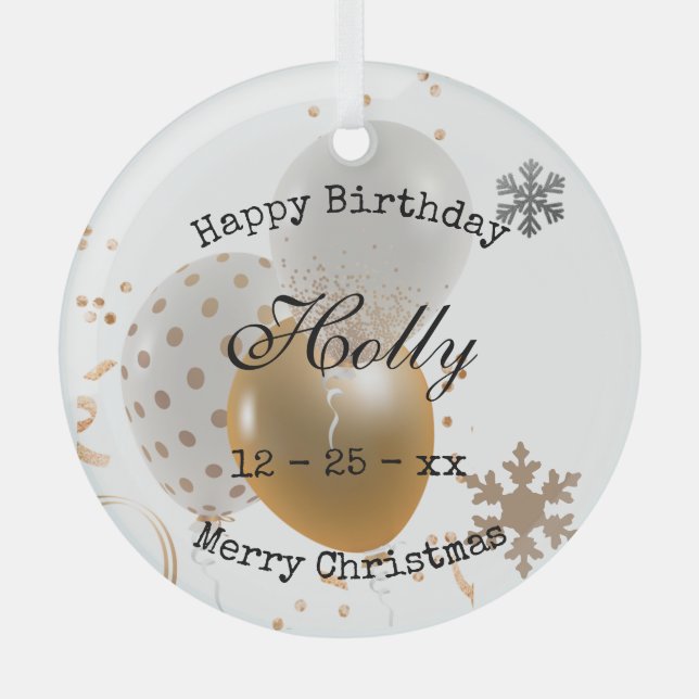 Christmas Birthday Balloons and Snowflakes Glass Ornament (Front)
