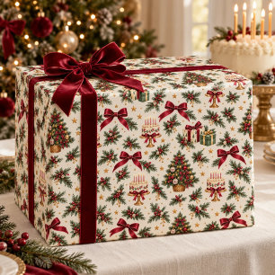 Christmas Birthday Cake Burgundy Bow Wrapping Paper