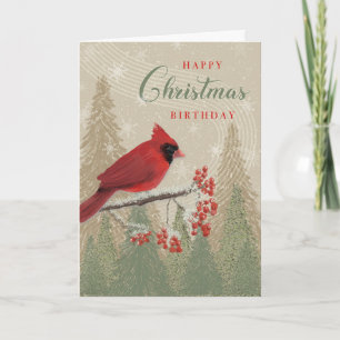 Christmas Birthday Cardinal Winter Trees Berries Card
