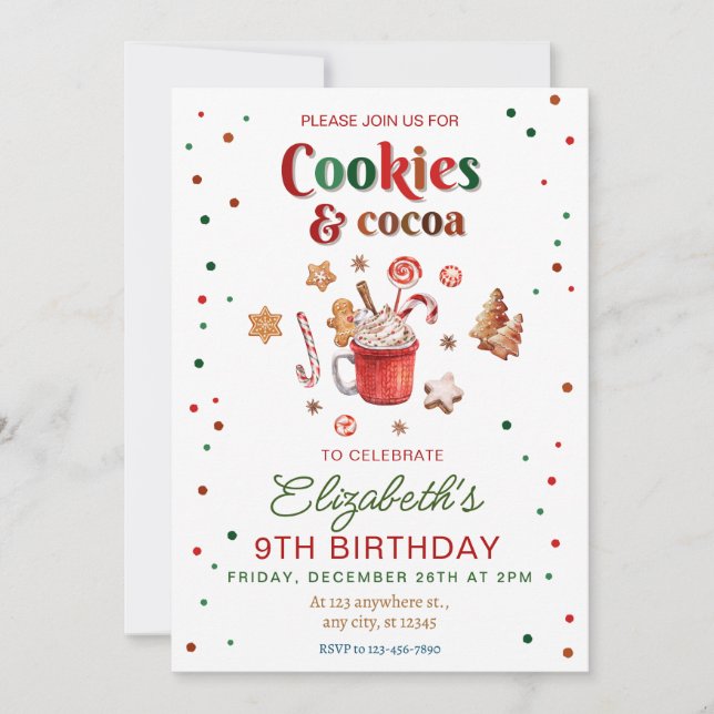Christmas birthday cookies and cocoa Festive Invitation (Front)