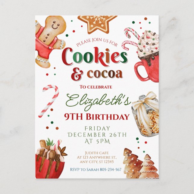 Christmas birthday cookies and cocoa Festive  Postcard (Front)