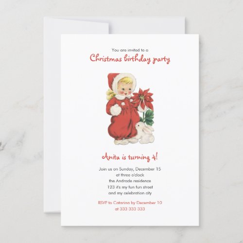 Christmas Birthday Cute Retro Girl Red Poinsettia Invitation