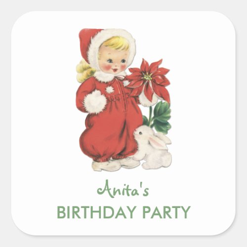 Christmas Birthday Cute Retro Girl Red Poinsettia Square Sticker