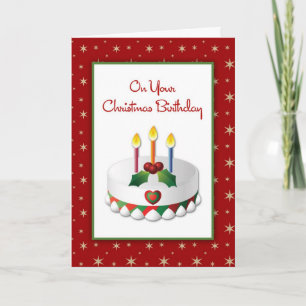 Christmas Birthday, Holiday Cake, Gold Stars Card