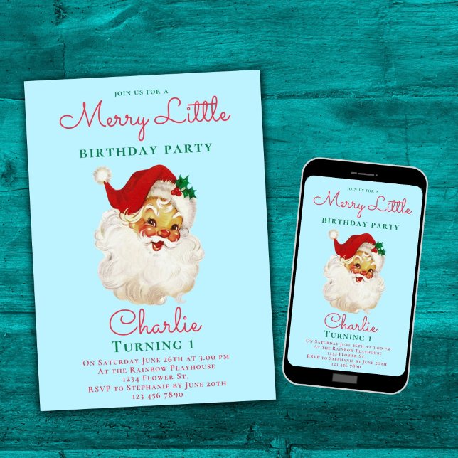 Christmas Birthday Invitation Blue Vintage Santa (Creator Uploaded)