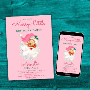 Christmas Birthday Invitation Pink Vintage Santa