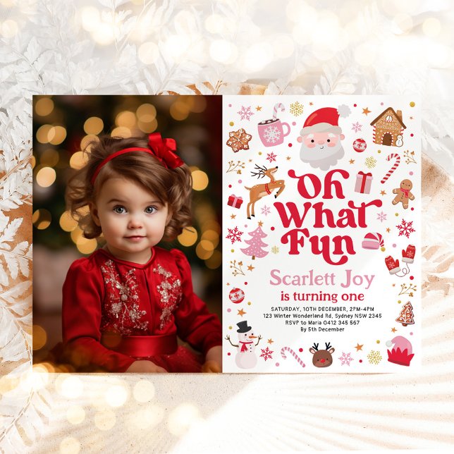 Christmas Birthday Oh What Fun Girl Birthday Photo Invitation (Creator Uploaded)