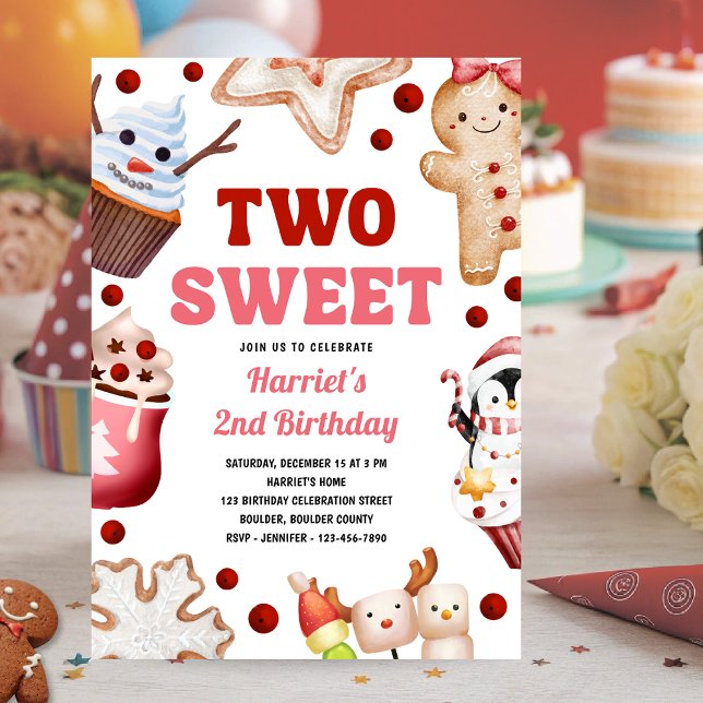 Christmas Birthday Party Pink Two Sweet  Invitation (Creator Uploaded)