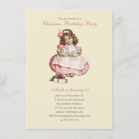 Christmas Birthday Party Vintage Cute Girl Pink Invitation