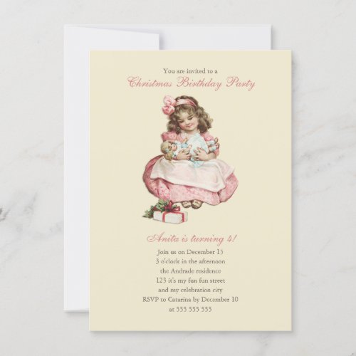 Christmas Birthday Party Vintage Cute Girl Pink Invitation