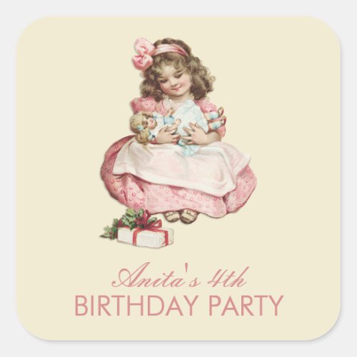 Christmas Birthday Party Vintage Cute Girl Pink Square Sticker