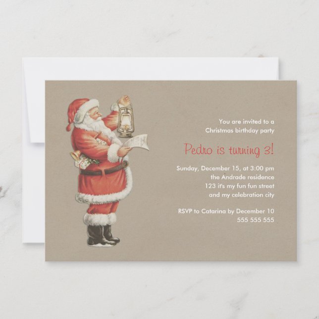 Christmas Birthday Party Vintage Santa 3rd Holiday Invitation (Front)