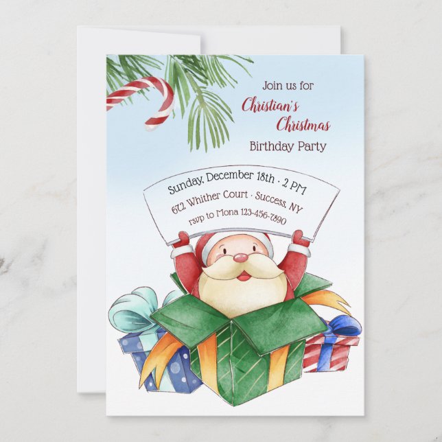 Christmas Birthday Party Watercolor Invitation (Front)