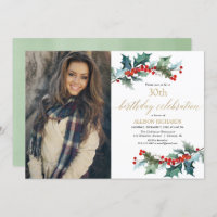 Christmas birthday red holly gold simple photo invitation