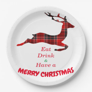 Christmas birthday reindeer buffalo plaid silueta paper plates