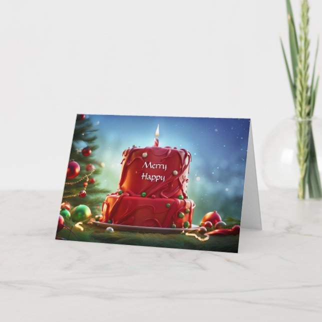 Christmas Birthday with Red Cake and Candle Card (Front)
