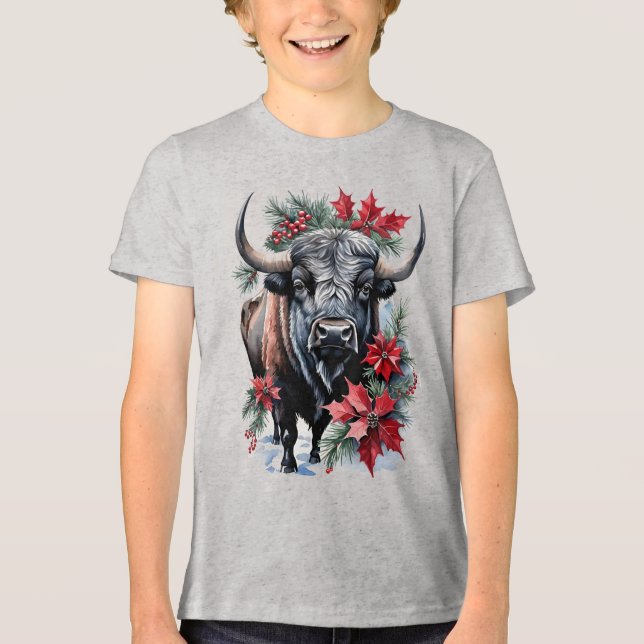 Christmas Bison With Big Horns And Poinsettias Tri-Blend Shirt (Front)