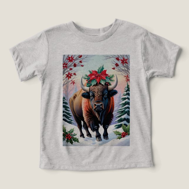 Christmas Bison With Big Horns Snow & Poinsettias Toddler T-shirt (Design Front)