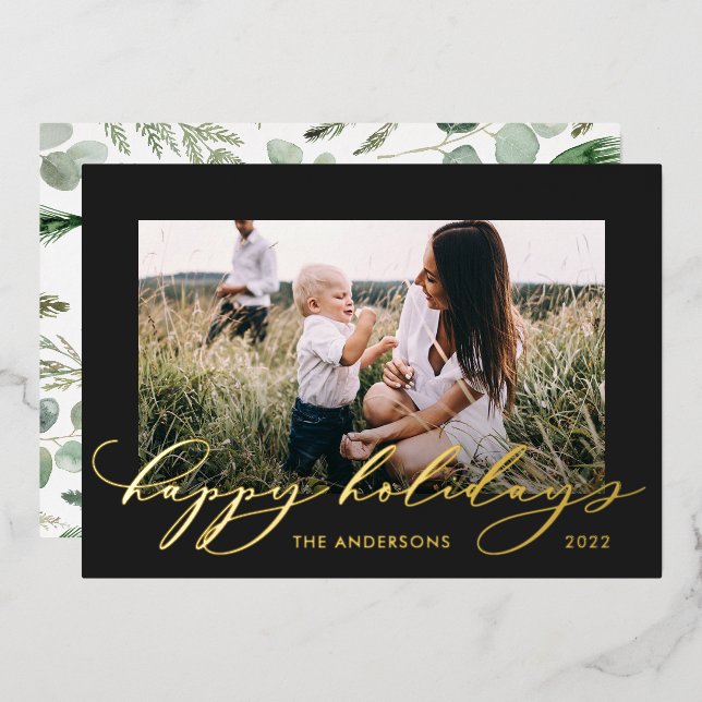 Christmas black 1 photo botanical script  foil holiday card (Front/Back)