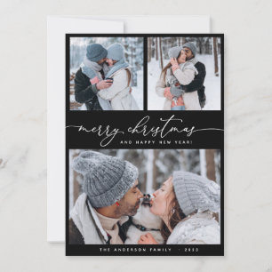 Christmas Black 3 Collage Multi Photo Holiday Card