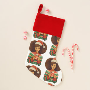Christmas Black Afro Girl Xmas Santa Hat African Stocking