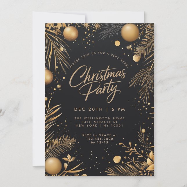 Christmas Black And Gold Elegant Holiday Party Invitation (Front)