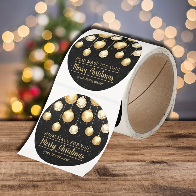 Christmas Black and Gold Homemade For You Classic Round Sticker (BULK ROLL of black and gold Merry Christmas homemade for you round stickers)