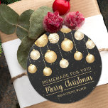 Christmas Black and Gold Homemade For You Classic Round Sticker<br><div class="desc">Create stickers to label your Christmas holiday homemade goods,  cookies,  candy,  treats,  party favors and more featuring elegant white and gold Christmas tree ornaments on a black background with your message in chic lettering. MATCHING items in our collection.</div>