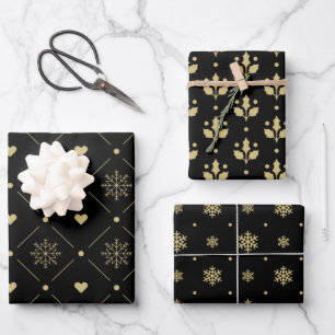 Christmas Black And Gold Snowflake Holly Pattern Wrapping Paper Sheets