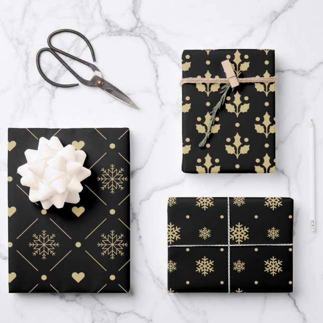 Christmas Black And Gold Snowflake Holly Pattern Wrapping Paper Sheets (Front)