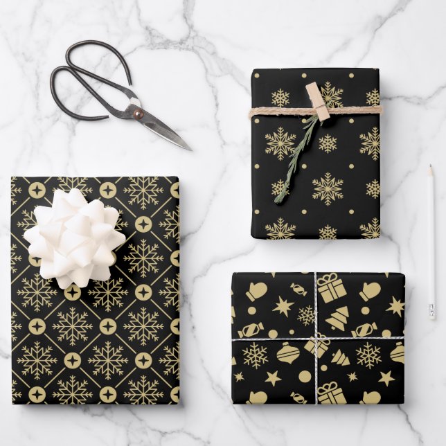 Christmas Black And Gold Snowflake Pattern Wrapping Paper Sheets (Front)
