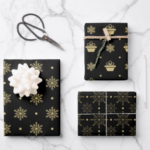Christmas Black And Gold Snowflake Pattern Wrapping Paper Sheets