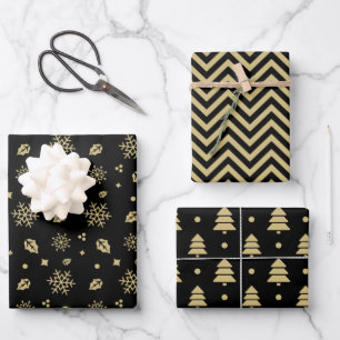 Christmas Black And Gold Snowflake Tree Pattern Wrapping Paper Sheets