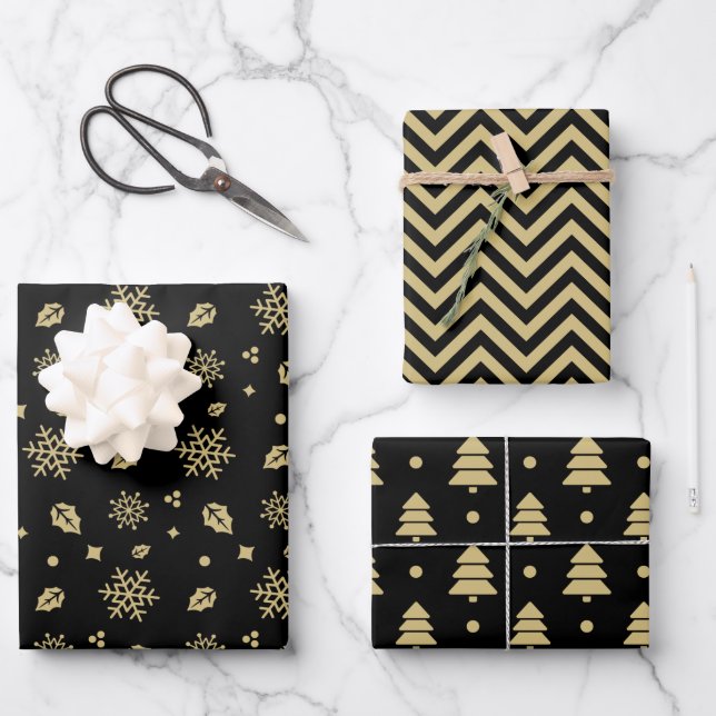 Christmas Black And Gold Snowflake Tree Pattern Wrapping Paper Sheets (Front)