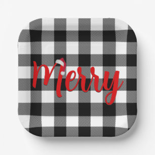 Christmas Black and White Buffalo Plaid Paper Plates