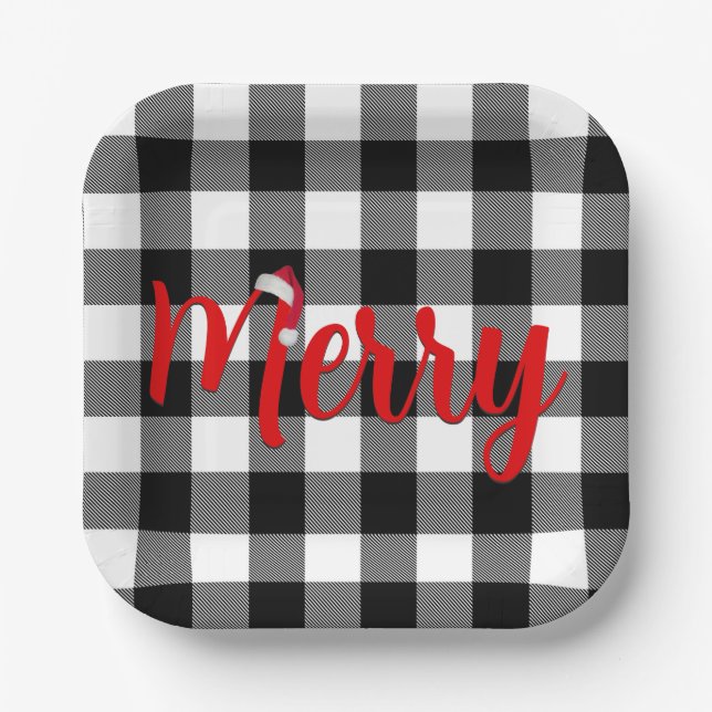 Christmas Black and White Buffalo Plaid Paper Plates (Front)