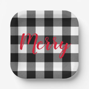 Christmas Black and White Buffalo Plaid Paper Plates