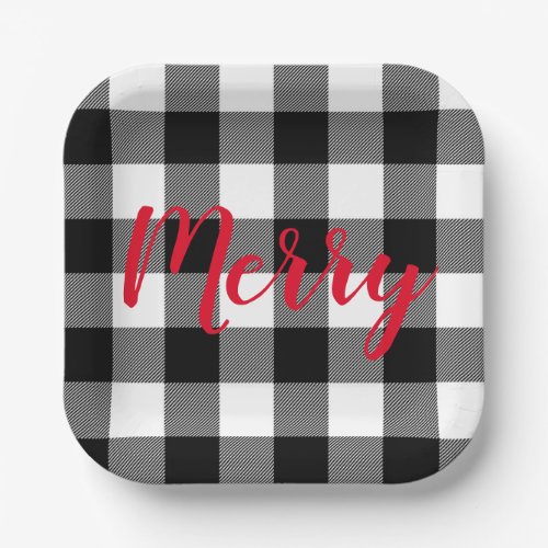 Christmas Black and White Buffalo Plaid Paper Plates